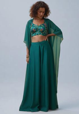 Deep Teal Figure Print Crepe Fusion Set