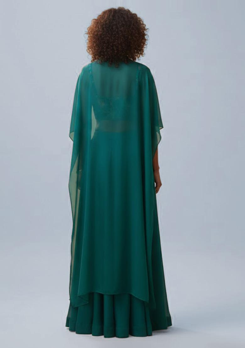 Deep Teal Figure Print Crepe Fusion Set - Indya