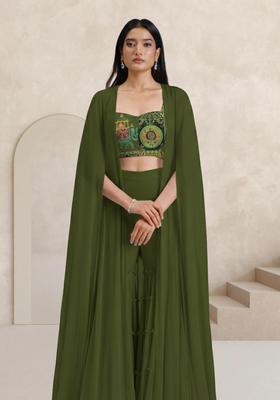 Olive Green Abstract Print Crepe Fusion Set
