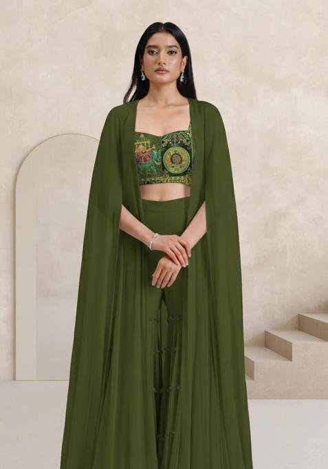Olive Green Abstract Print Crepe Fusion Set
