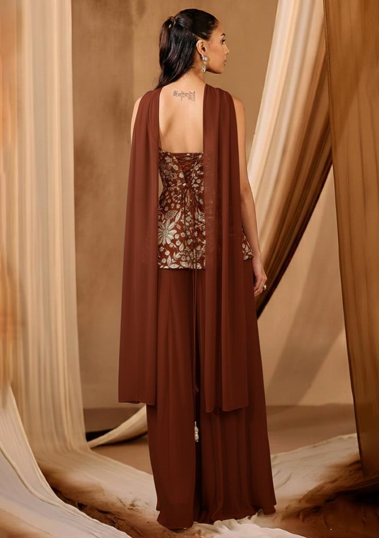 Brown Embroidered Crepe Sharara Set - Indya