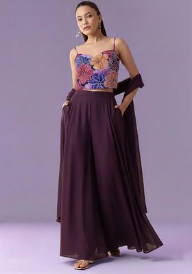 Purple Floral Print Crepe Fusion Set