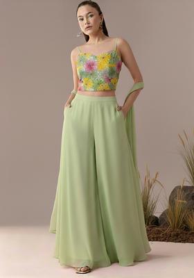 Sage Green Floral Print Crepe Fusion Set