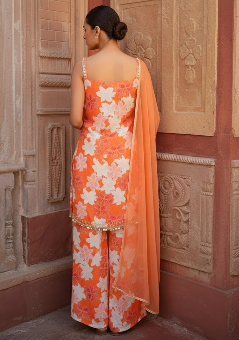Orange Floral Print Silk Blend Sharara Set - Indya