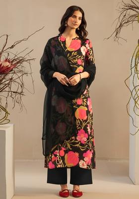 Black Floral Print Georgette Straight Kurta Set