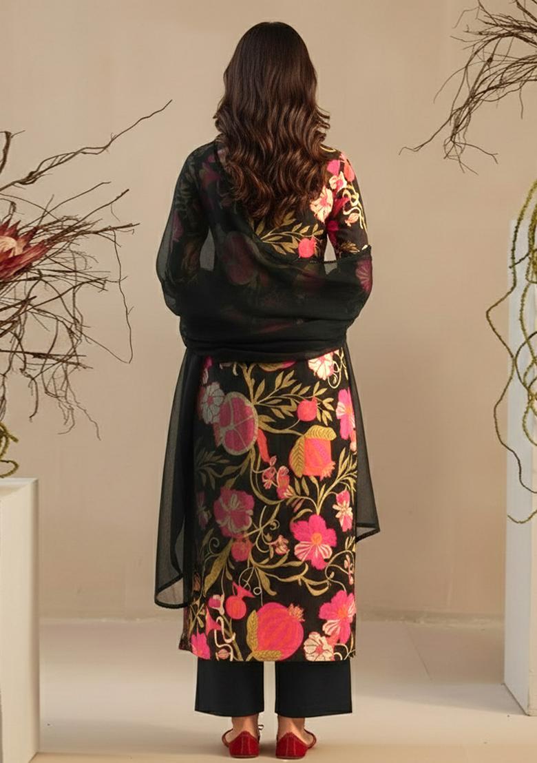 Black Floral Print Georgette Straight Kurta Set - Indya