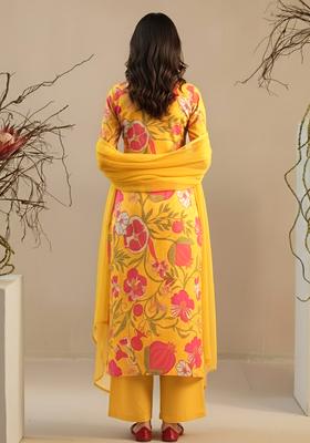 Mustard Yellow Floral Print Georgette Straight Kurta Set