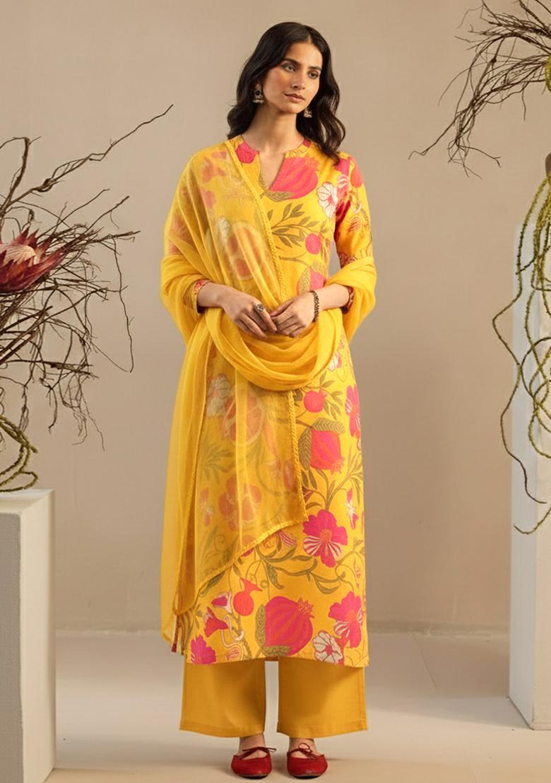 Mustard Yellow Floral Print Georgette Straight Kurta Set - Indya