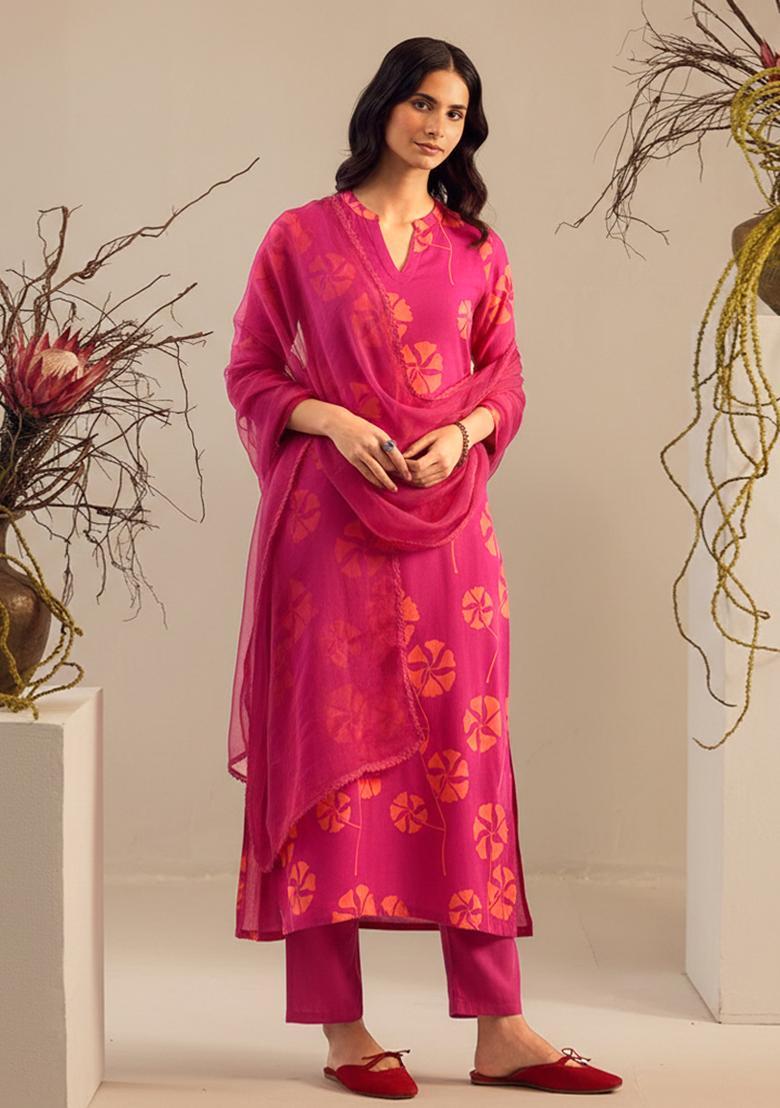 Rani Pink Printed Georgette Straight Kurta Set - Indya