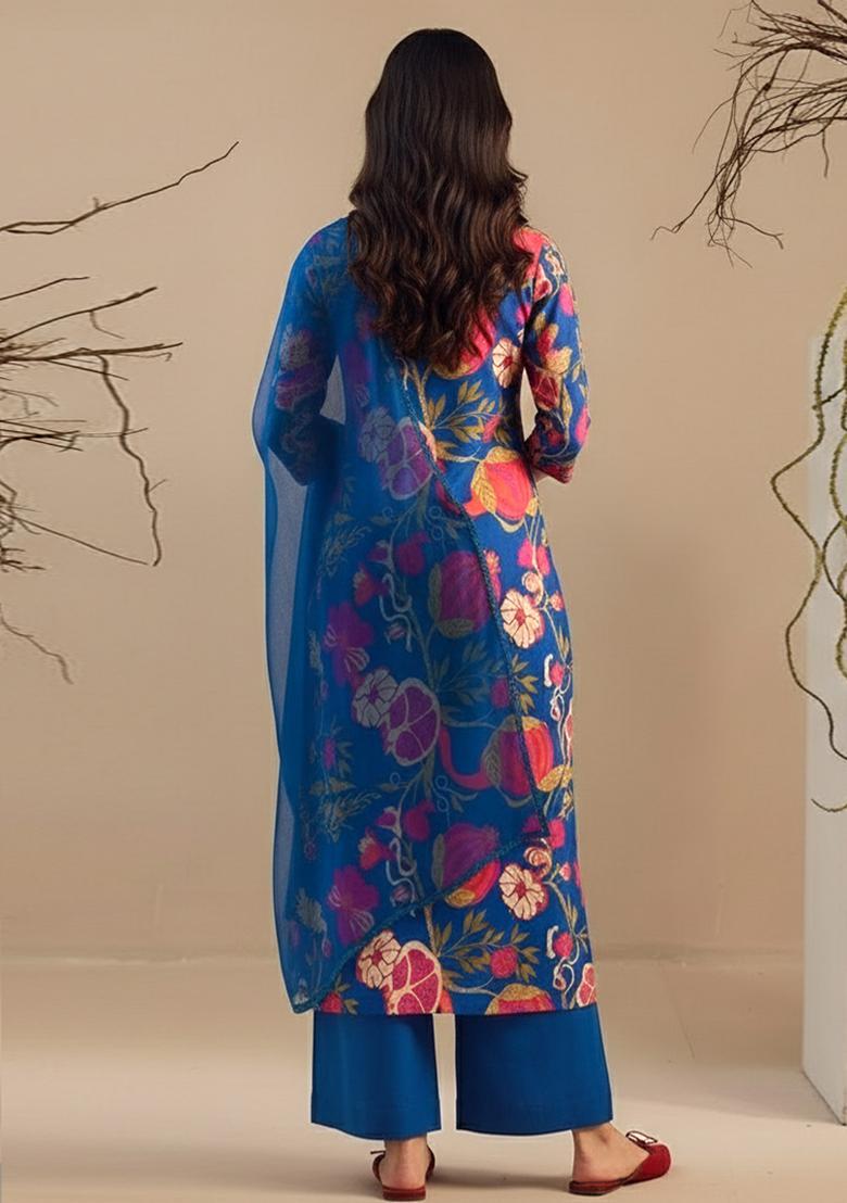 Teal Blue Floral Print Georgette Straight Kurta Set - Indya