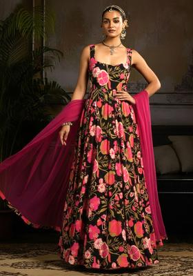 Rani Pink Floral Print Anarkali With Dupatta