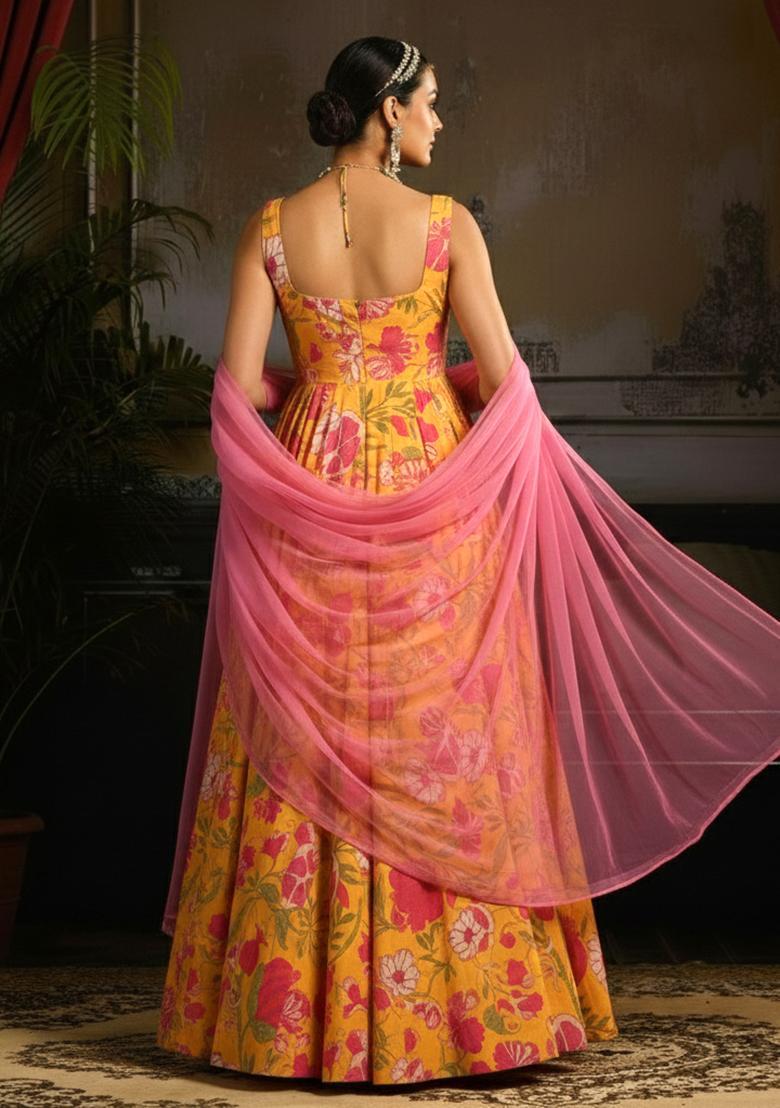 Yellow Floral Print Anarkali With Dupatta - Indya