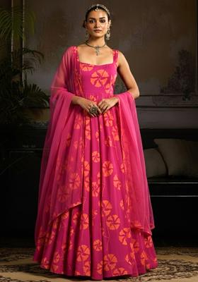Rani Pink Floral Print Anarkali With Dupatta