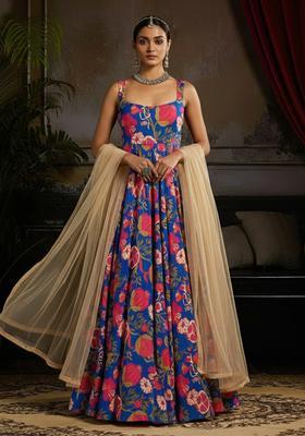 Blue Floral Print Anarkali With Dupatta