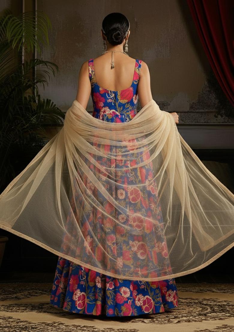 Blue Floral Print Anarkali With Dupatta - Indya