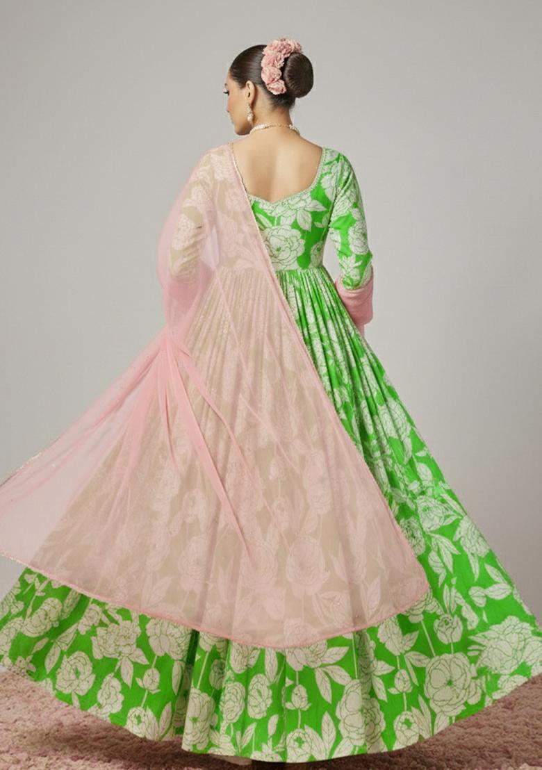 Green Floral Print Anarkali With Dupatta - Indya