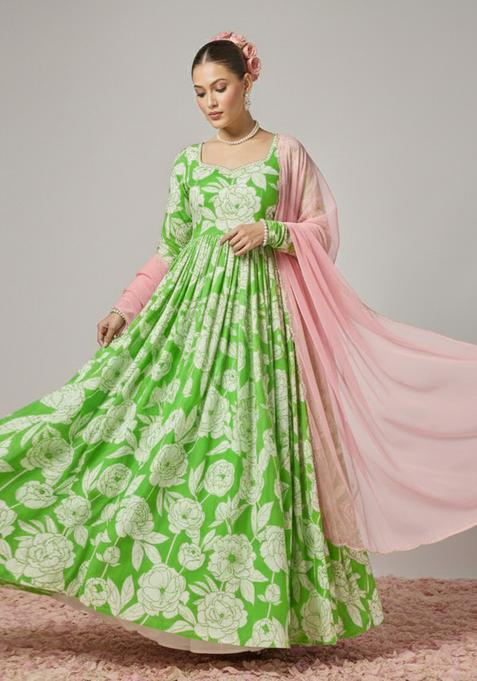 Green Floral Print Anarkali With Dupatta
