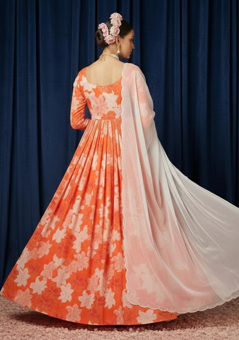 Peach Floral Print Anarkali With Dupatta - Indya