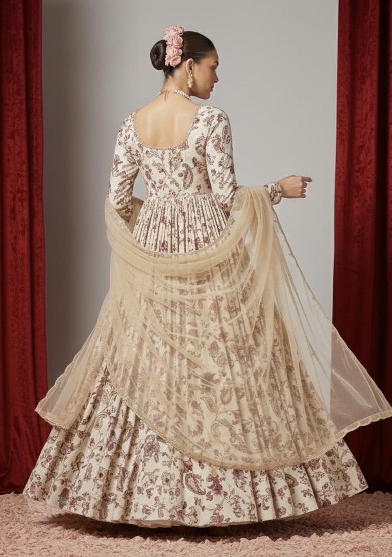 Beige Floral Print Anarkali With Dupatta - Indya