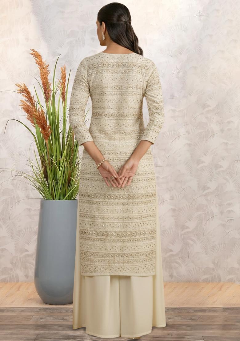 Ivory Embroidered Georgette Straight Kurta Set - Indya