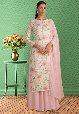 Pink Floral Print Crepe Straight Kurta Set