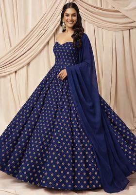Navy Blue Silk Blend Anarkali With Dupatta