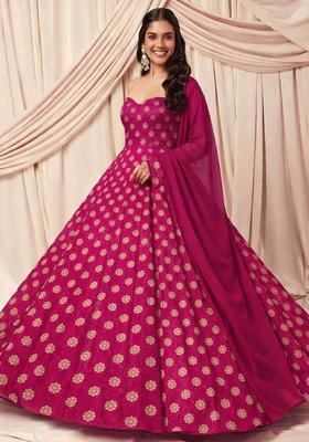 Rani Pink Silk Blend Anarkali With Dupatta