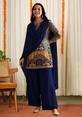 Blue Printed Crepe Sharara Set