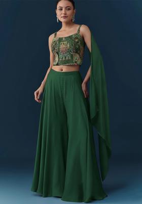 Bottle Green Abstract Print Crepe Fusion Set