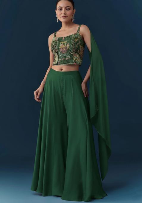 Bottle Green Abstract Print Crepe Fusion Set