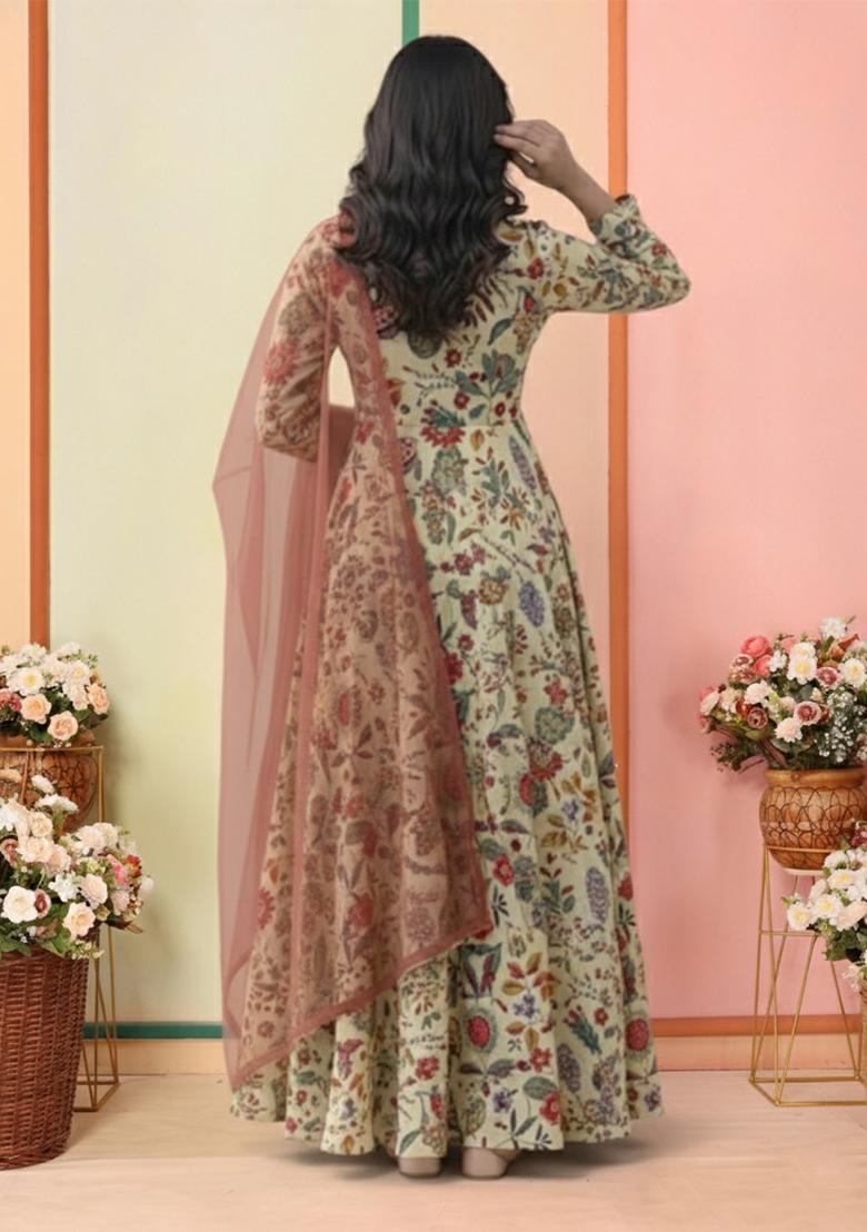 White Floral Print Crepe Anarkali With Dupatta - Indya
