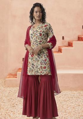 Wine Floral Print Crepe Sharara Set