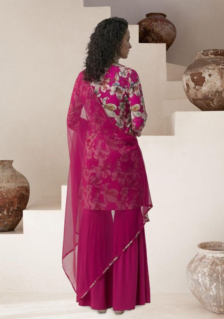 Rani Pink Floral Print Crepe Sharara Set - Indya