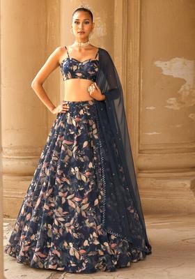Navy Blue Floral Print Georgette Lehenga Set