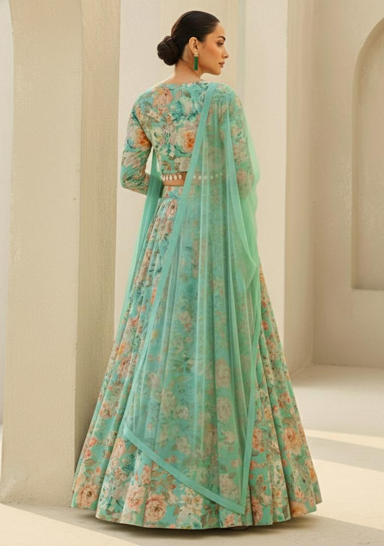 Mint Green Floral Print Georgette Lehenga Set - Indya