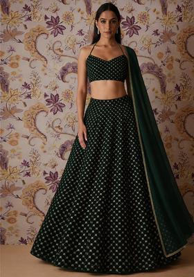 Bottle Green Embroidered Velvet Lehenga Set