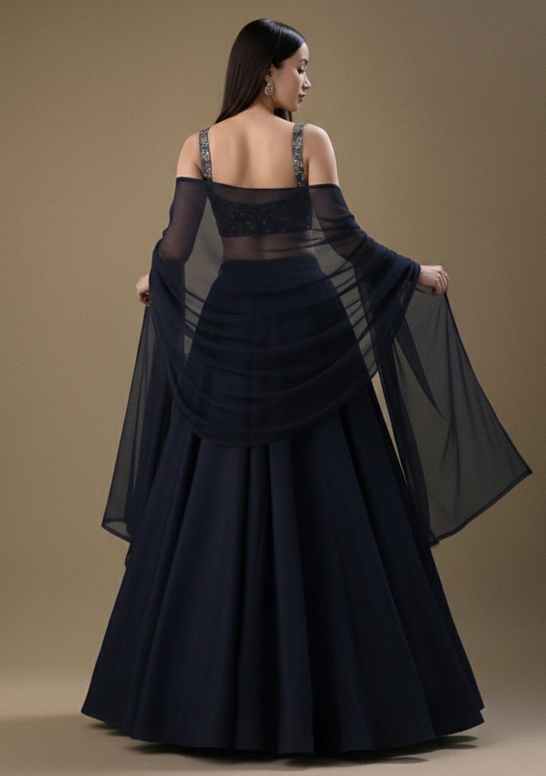 Black Embroidered Net Lehenga Set - Indya