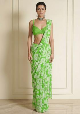 Leaf Green Floral Print Silk Blend Pre Draped Saree Set