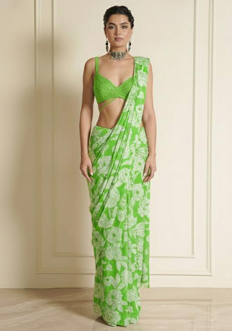 Leaf Green Floral Print Silk Blend Pre Draped Saree Set