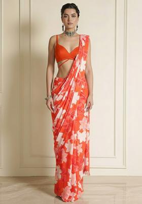 Orange Floral Print Silk Blend Pre Draped Saree Set