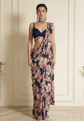Navy Blue Floral Print Silk Blend Pre Draped Saree Set