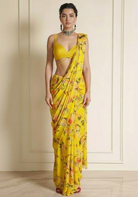 Mustard Yellow Floral Print Silk Blend Pre Draped Saree Set