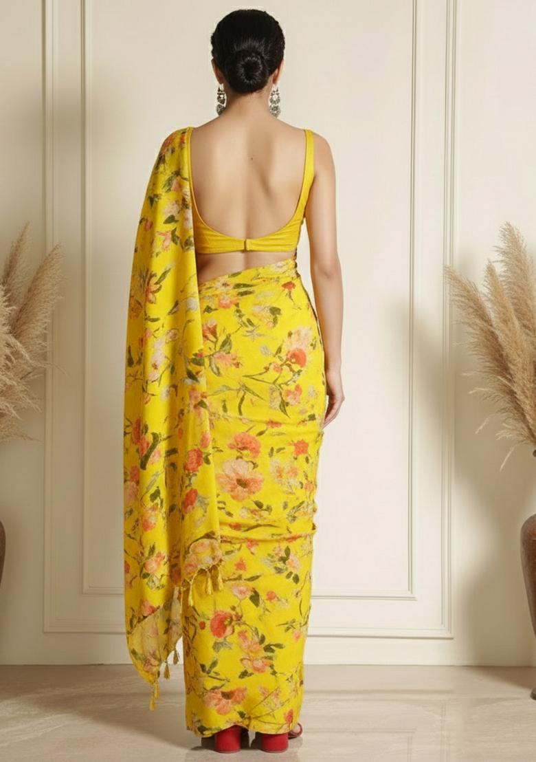 Mustard Yellow Floral Print Silk Blend Pre Draped Saree Set - Indya