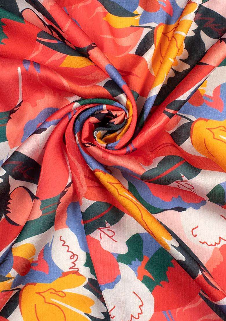 Orange Floral Print Satin Pre Draped Saree Set - Indya