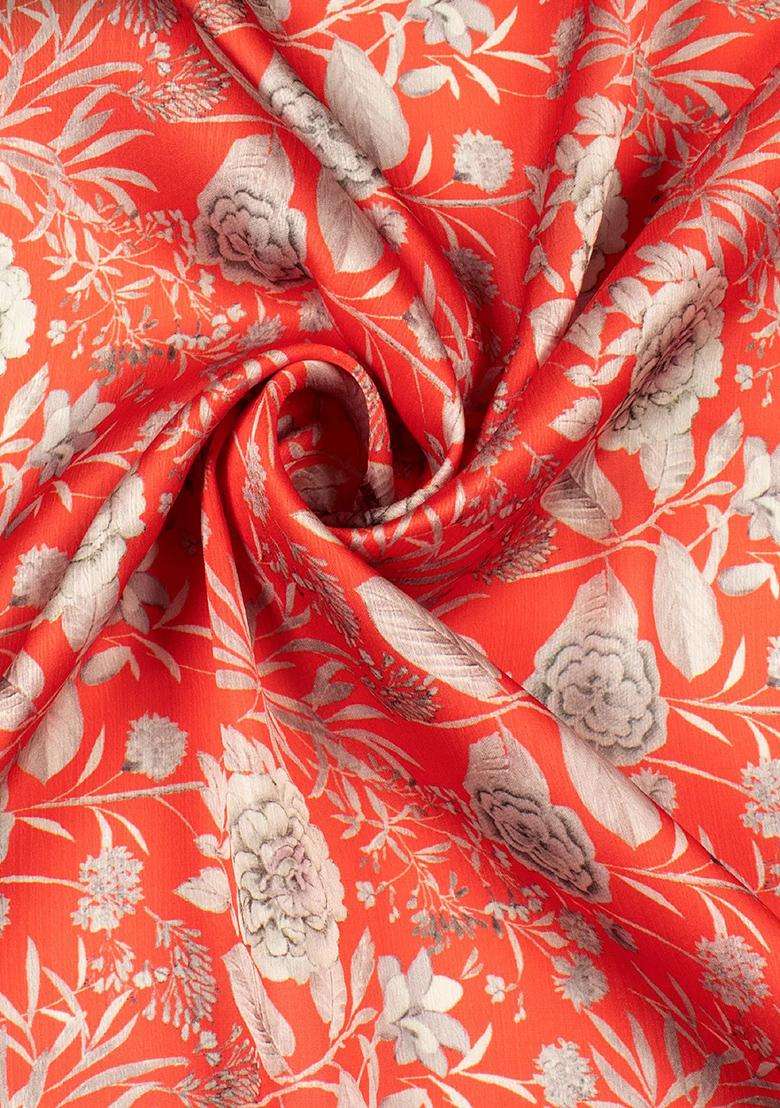 Orange Floral Print Satin Pre Draped Saree Set - Indya