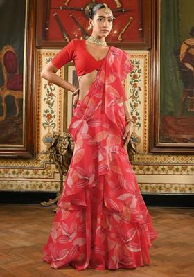 Peach Floral Print Satin Pre Draped Saree Set
