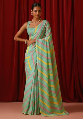 Mint Green Abstract Print Georgette Pre Draped Saree Set