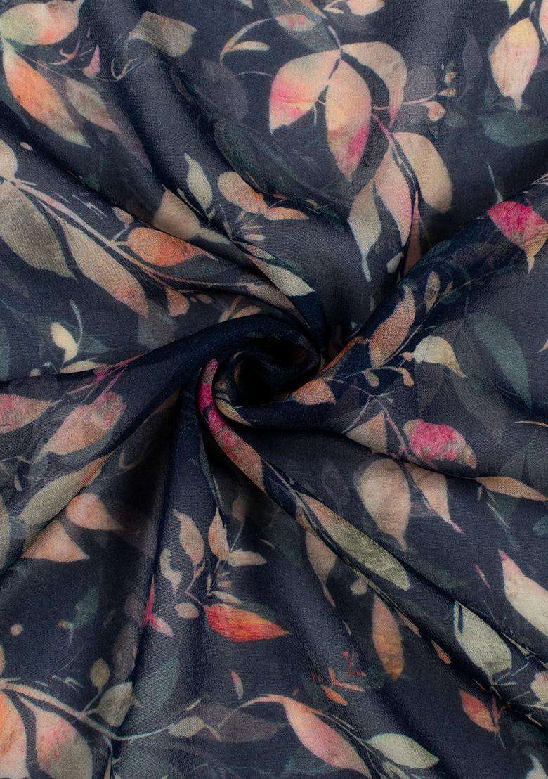 Navy Blue Floral Print Georgette Pre Draped Saree Set - Indya