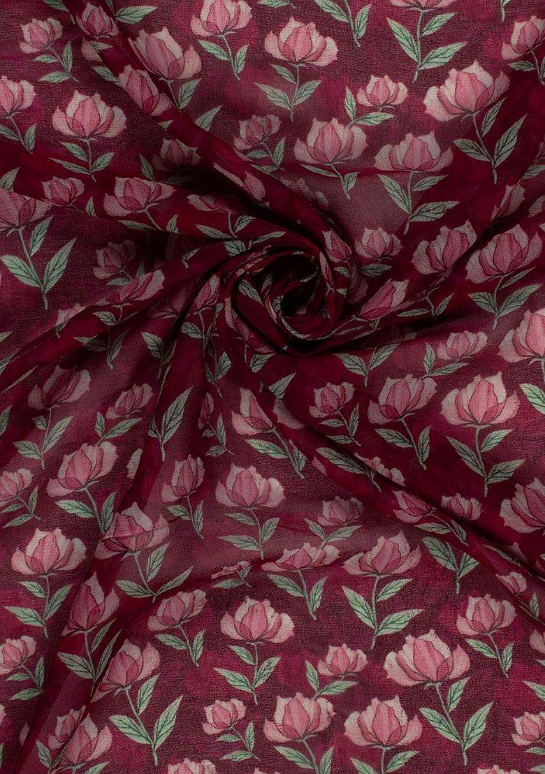Deep Maroon Floral Print Georgette Pre Draped Saree Set - Indya