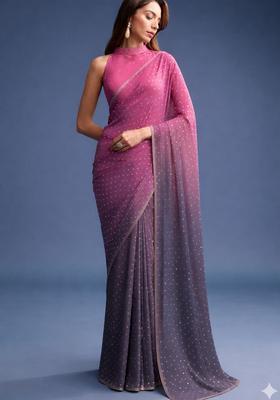 Purple Pink Silk Blend Pre Draped Saree Set